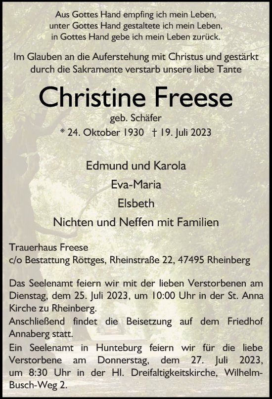 Traueranzeige von Christine Freese von Neue Osnabrücker Zeitung GmbH & Co. KG