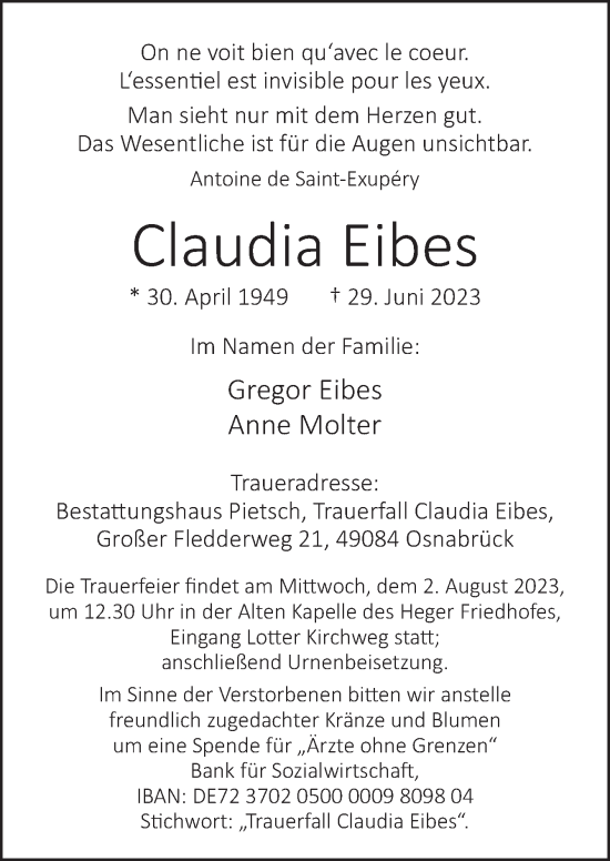 Traueranzeige von Claudia Eibes von Neue Osnabrücker Zeitung GmbH & Co. KG