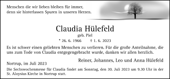 Traueranzeige von Claudia Hülefeld von Neue Osnabrücker Zeitung GmbH & Co. KG