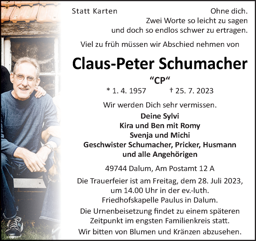  Traueranzeige für Claus-Peter Schumacher vom 27.07.2023 aus Neue Osnabrücker Zeitung GmbH & Co. KG