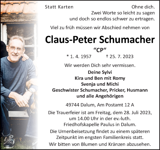 Traueranzeige von Claus-Peter Schumacher von Neue Osnabrücker Zeitung GmbH & Co. KG