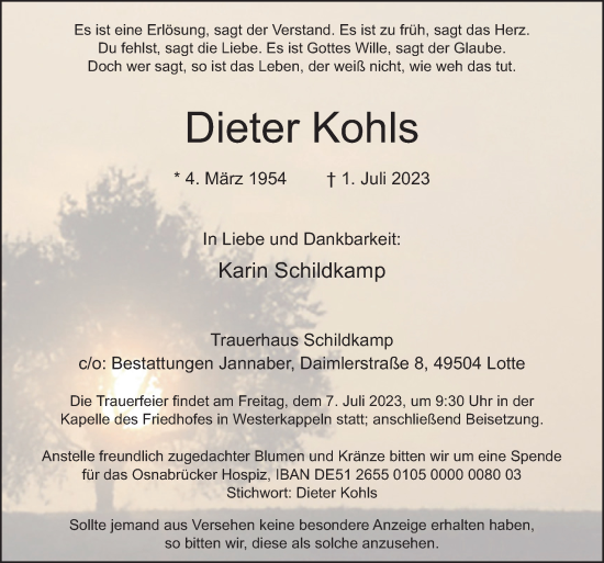 Traueranzeige von Dieter Kohls von Neue Osnabrücker Zeitung GmbH & Co. KG