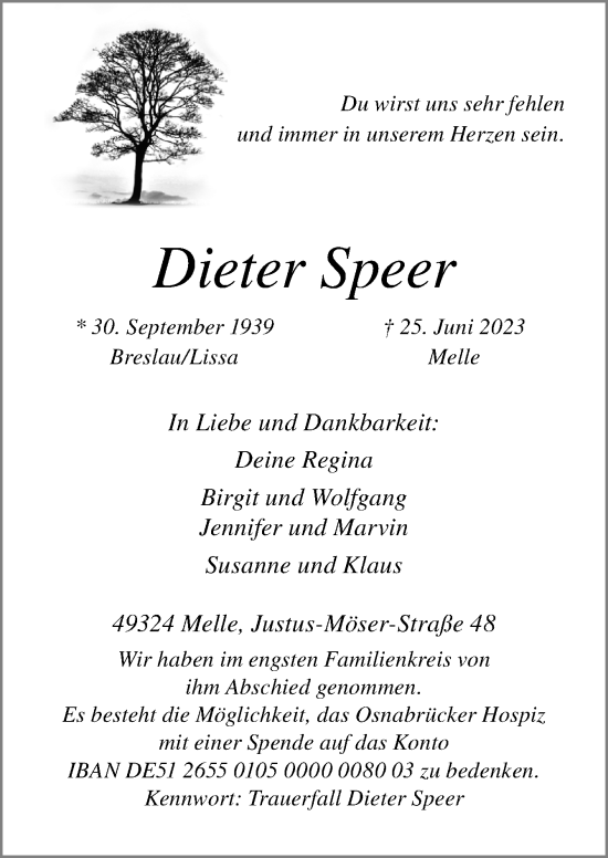 Traueranzeige von Dieter Speer von Neue Osnabrücker Zeitung GmbH & Co. KG