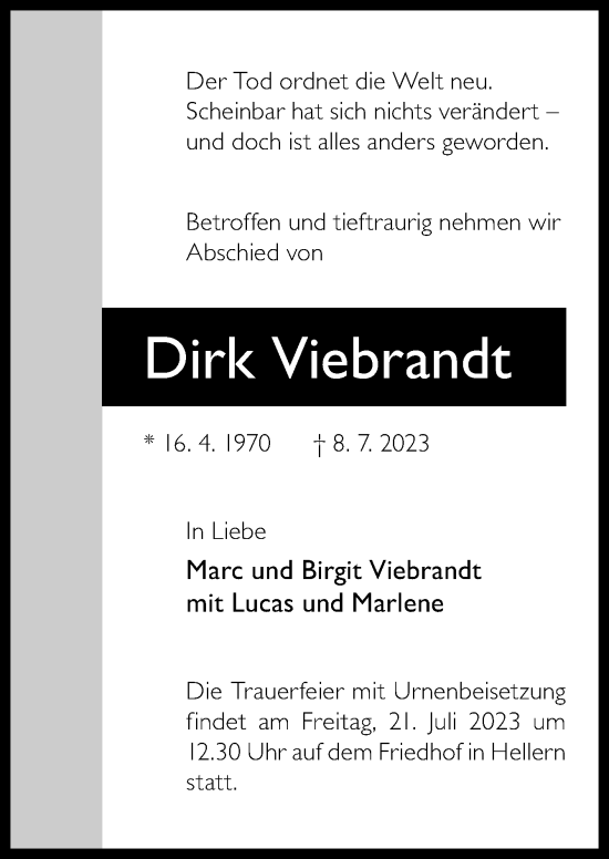 Traueranzeige von Dirk Viebrandt von Neue Osnabrücker Zeitung GmbH & Co. KG