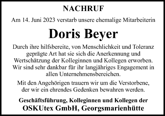 Traueranzeige von Doris Beyer von Neue Osnabrücker Zeitung GmbH & Co. KG