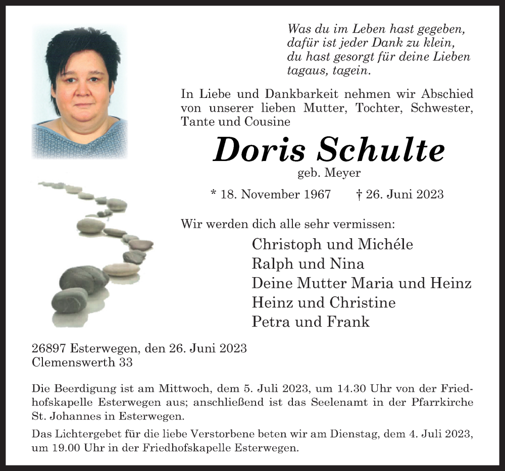  Traueranzeige für Doris Schulte vom 01.07.2023 aus Neue Osnabrücker Zeitung GmbH & Co. KG