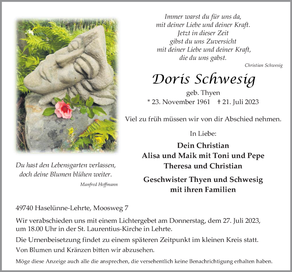  Traueranzeige für Doris Schwesig vom 24.07.2023 aus Neue Osnabrücker Zeitung GmbH & Co. KG