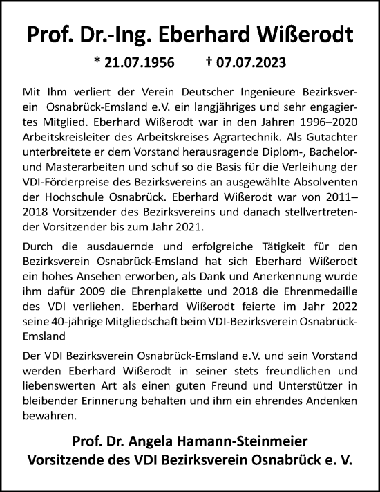 Traueranzeige von Eberhard Wißerodt von Neue Osnabrücker Zeitung GmbH & Co. KG
