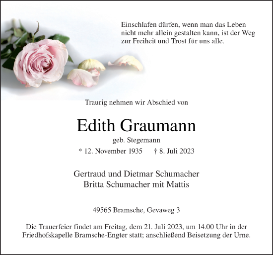 Traueranzeige von Edith Graumann von Neue Osnabrücker Zeitung GmbH & Co. KG