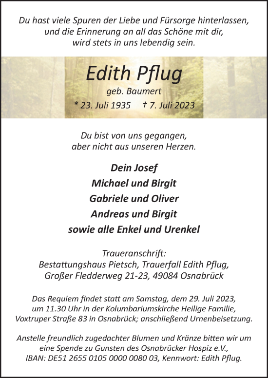 Traueranzeige von Edith Pflug von Neue Osnabrücker Zeitung GmbH & Co. KG