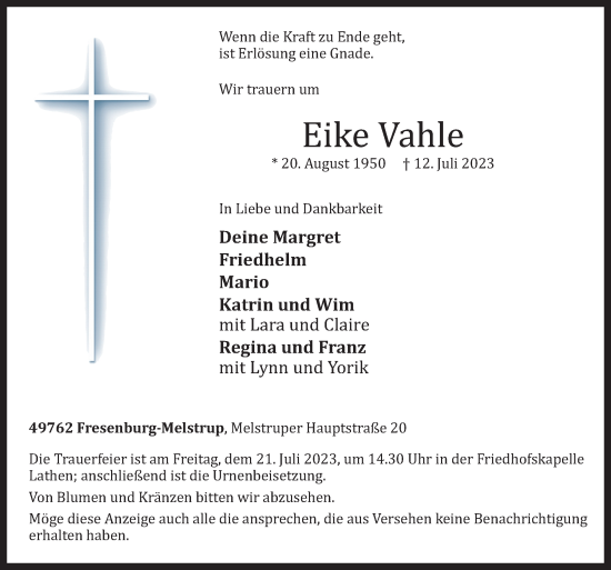 Traueranzeige von Eike Vahle von Neue Osnabrücker Zeitung GmbH & Co. KG