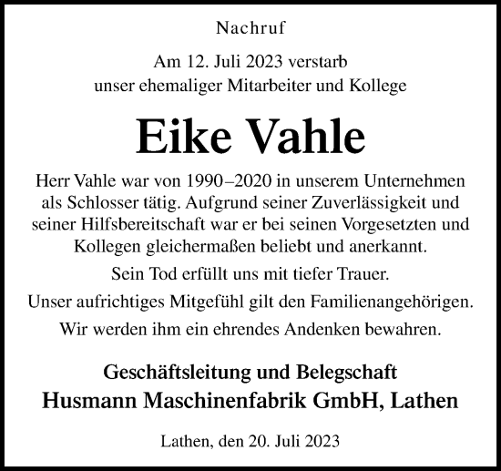 Traueranzeige von Eike Vahle von Neue Osnabrücker Zeitung GmbH & Co. KG