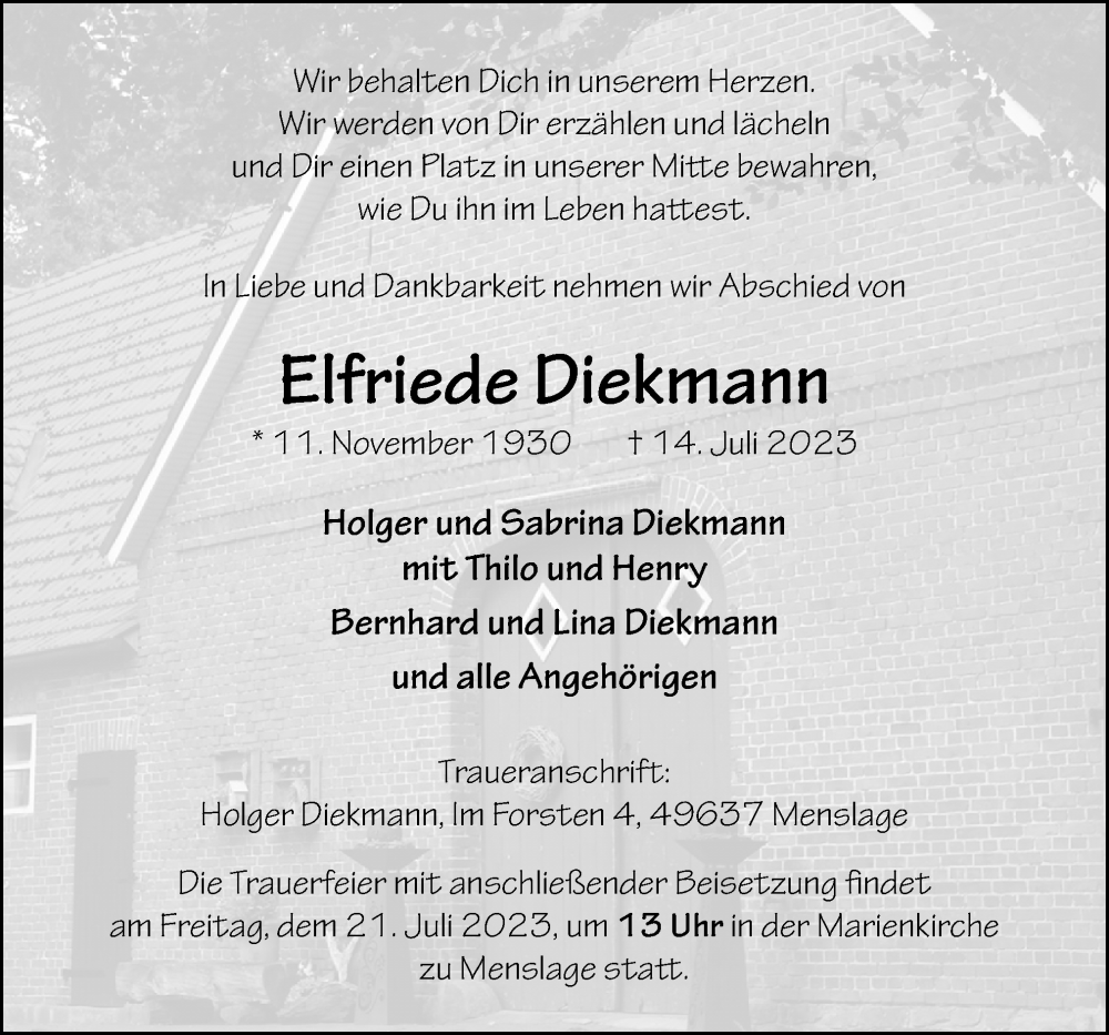  Traueranzeige für Elfriede Diekmann vom 18.07.2023 aus Neue Osnabrücker Zeitung GmbH & Co. KG