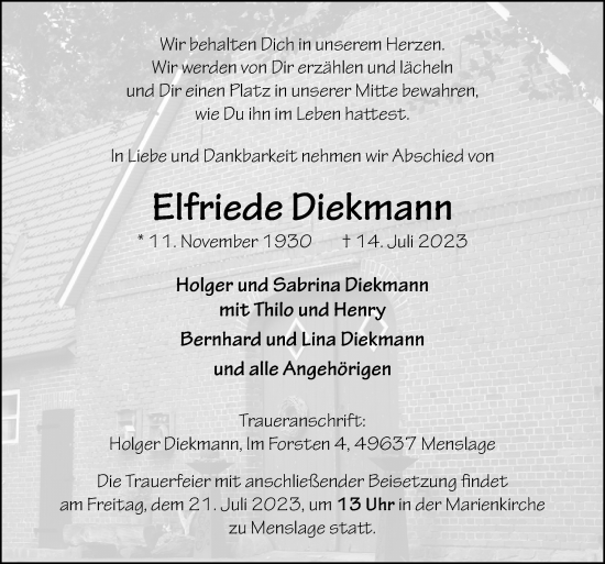 Traueranzeige von Elfriede Diekmann von Neue Osnabrücker Zeitung GmbH & Co. KG