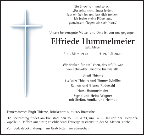 Traueranzeige von Elfriede Hummelmeier von Neue Osnabrücker Zeitung GmbH & Co. KG