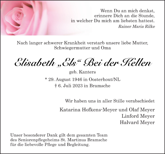 Traueranzeige von Elisabeth Bei der Kellen von Neue Osnabrücker Zeitung GmbH & Co. KG
