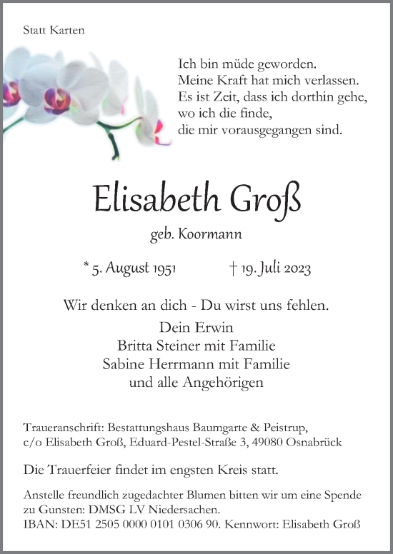 Traueranzeige von Elisabeth Groß von Neue Osnabrücker Zeitung GmbH & Co. KG