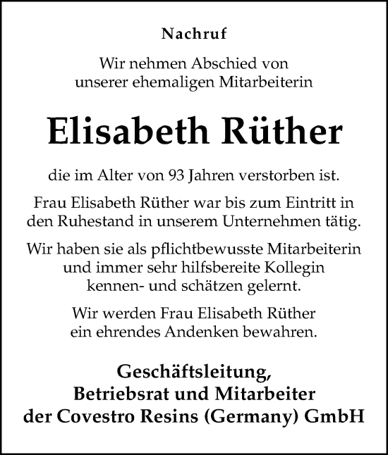 Traueranzeige von Elisabeth Rüther von Neue Osnabrücker Zeitung GmbH & Co. KG