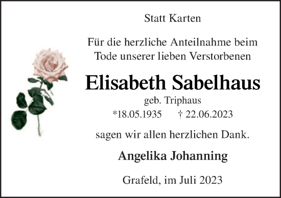 Traueranzeige von Elisabeth Sabelhaus von Neue Osnabrücker Zeitung GmbH & Co. KG