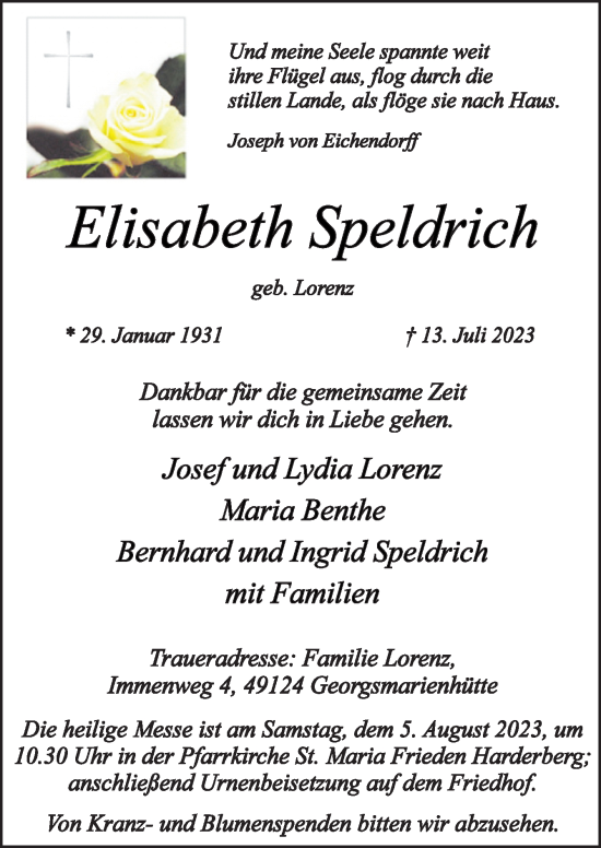 Traueranzeige von Elisabeth Speldrich von Neue Osnabrücker Zeitung GmbH & Co. KG