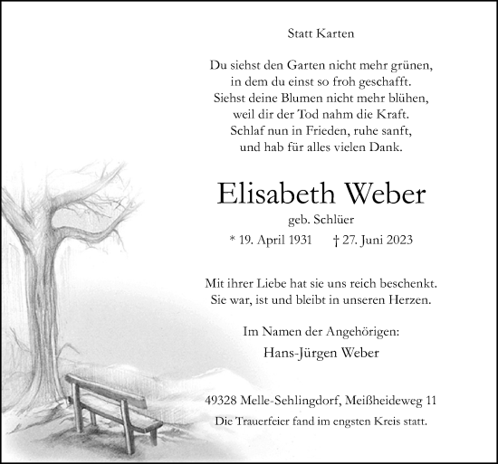 Traueranzeige von Elisabeth Weber von Neue Osnabrücker Zeitung GmbH & Co. KG