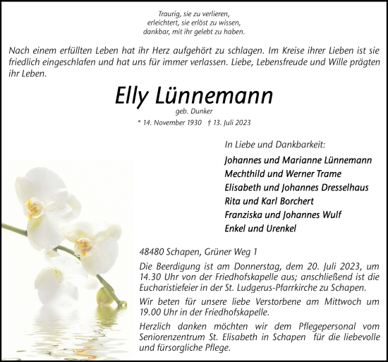 Traueranzeige von Elly Lünnemann von Neue Osnabrücker Zeitung GmbH & Co. KG