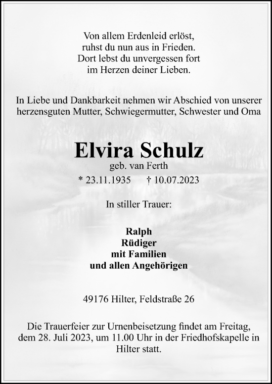 Traueranzeige von Elvira Schulz von Neue Osnabrücker Zeitung GmbH & Co. KG