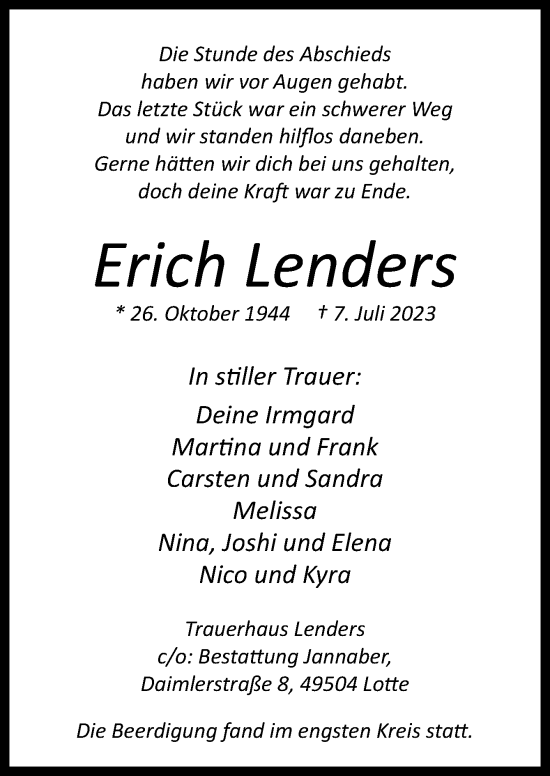 Traueranzeige von Erich Lenders von Neue Osnabrücker Zeitung GmbH & Co. KG
