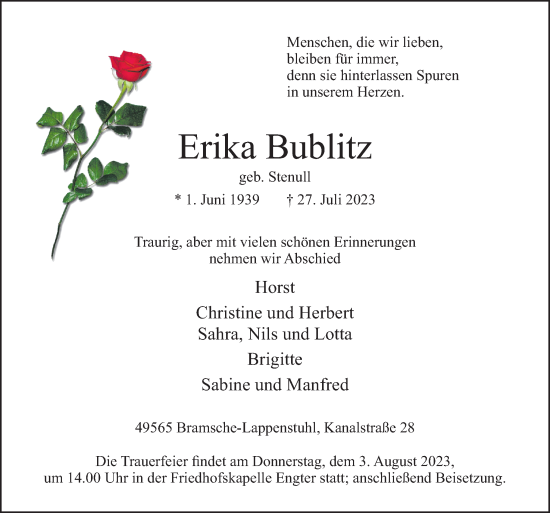 Traueranzeige von Erika Bublitz von Neue Osnabrücker Zeitung GmbH & Co. KG