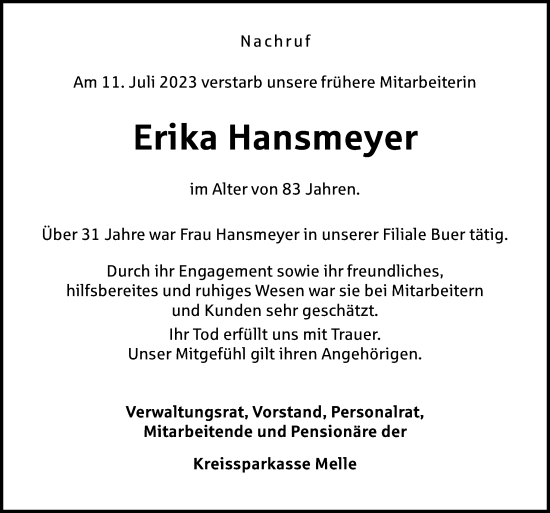 Traueranzeige von Erika Hansmeyer von Neue Osnabrücker Zeitung GmbH & Co. KG