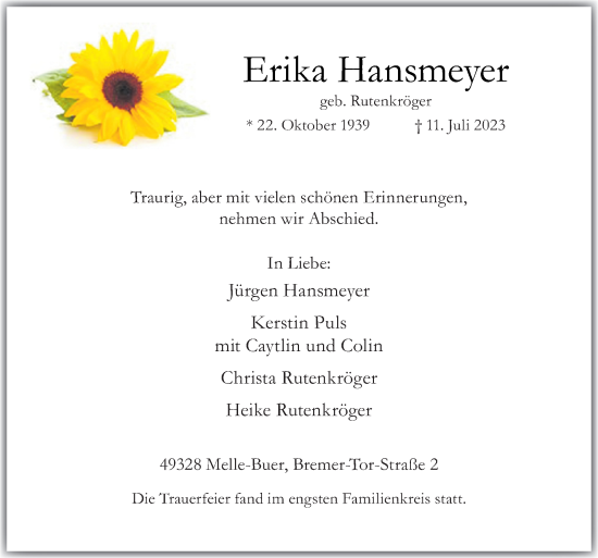 Traueranzeige von Erika Hansmeyer von Neue Osnabrücker Zeitung GmbH & Co. KG