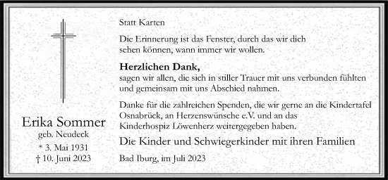 Traueranzeige von Erika Sommer von Neue Osnabrücker Zeitung GmbH & Co. KG