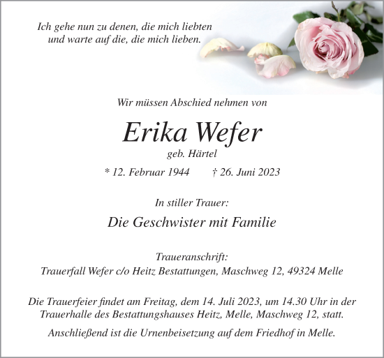 Traueranzeige von Erika Wefer von Neue Osnabrücker Zeitung GmbH & Co. KG