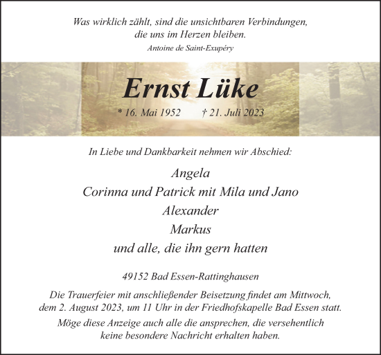 Traueranzeige von Ernst Lüke von Neue Osnabrücker Zeitung GmbH & Co. KG