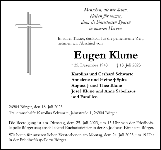 Traueranzeige von Eugen Klune von Neue Osnabrücker Zeitung GmbH & Co. KG