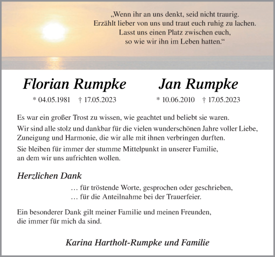 Traueranzeige von Florian und Jan Rumpke von Neue Osnabrücker Zeitung GmbH & Co. KG