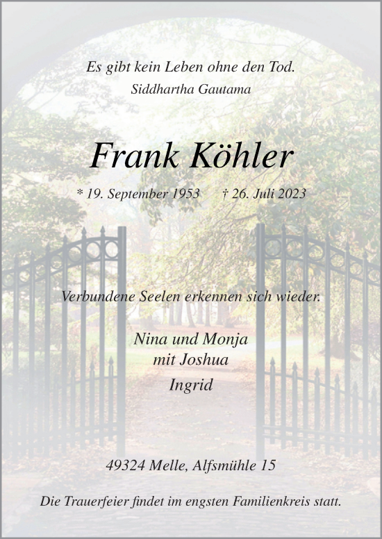 Traueranzeige von Frank Köhler von Neue Osnabrücker Zeitung GmbH & Co. KG