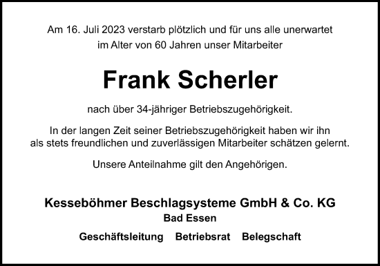 Traueranzeige von Frank Scherler von Neue Osnabrücker Zeitung GmbH & Co. KG