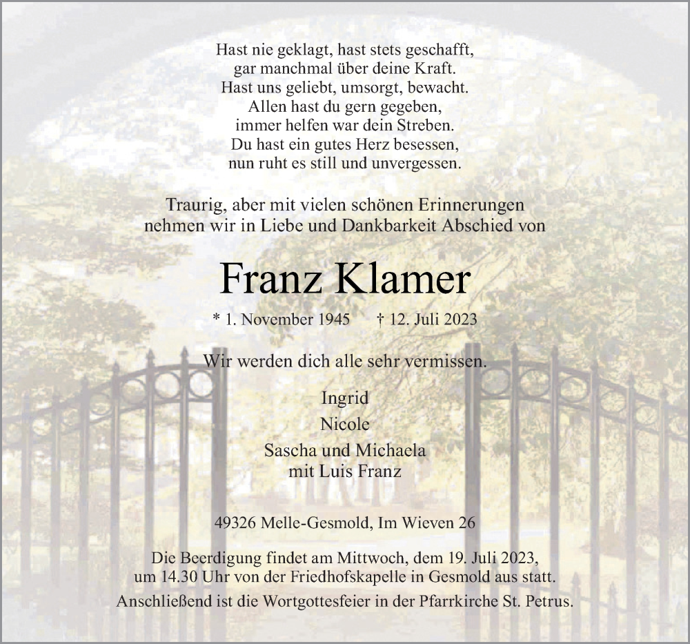  Traueranzeige für Franz Klamer vom 15.07.2023 aus Neue Osnabrücker Zeitung GmbH & Co. KG