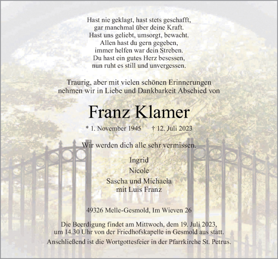 Traueranzeige von Franz Klamer von Neue Osnabrücker Zeitung GmbH & Co. KG