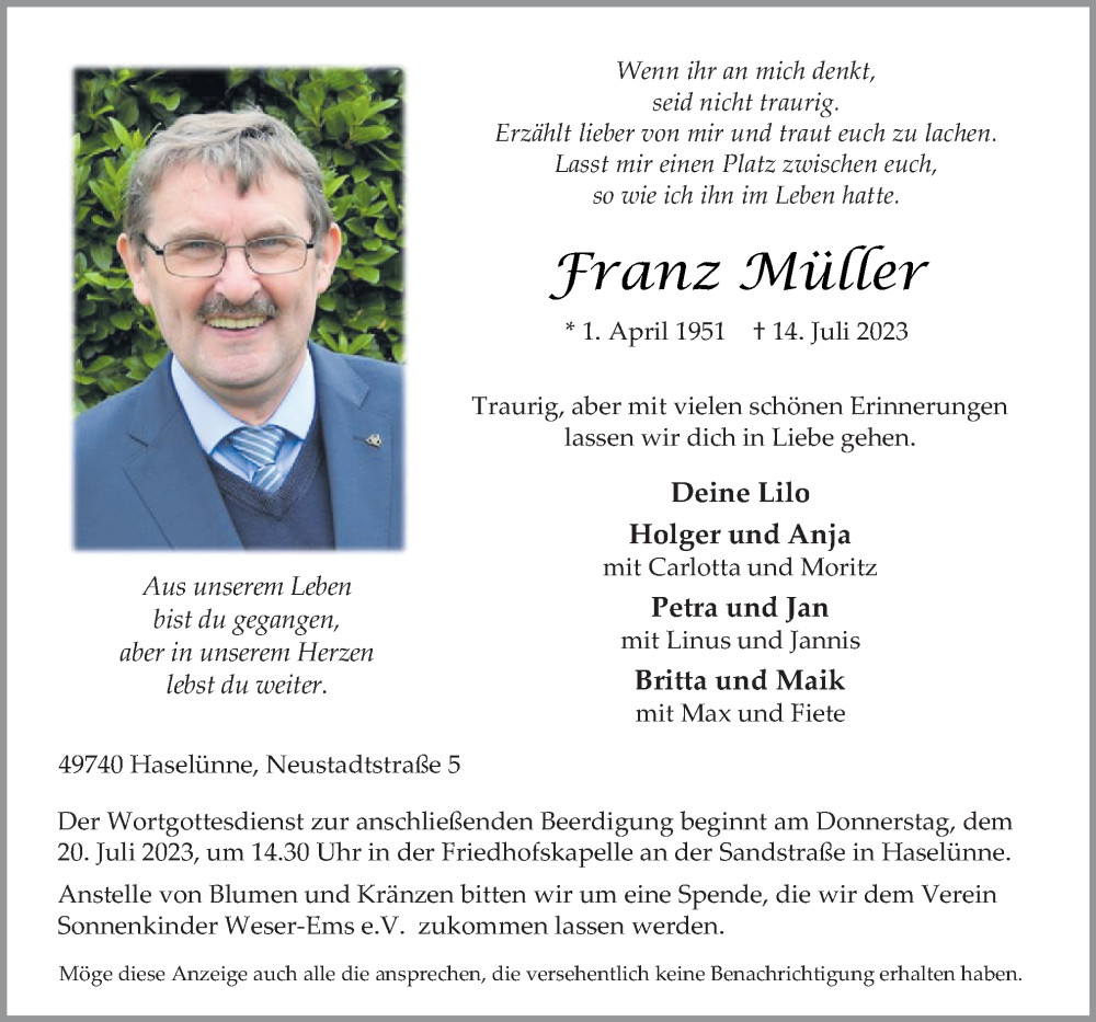  Traueranzeige für Franz Müller vom 17.07.2023 aus Neue Osnabrücker Zeitung GmbH & Co. KG