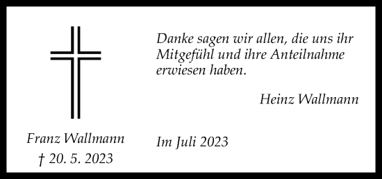 Traueranzeige von Franz Wallmann von Neue Osnabrücker Zeitung GmbH & Co. KG