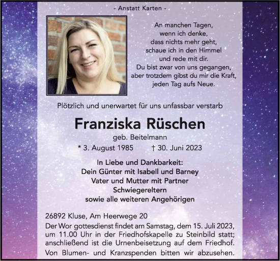 Traueranzeige von Franziska Rüschen von Neue Osnabrücker Zeitung GmbH & Co. KG