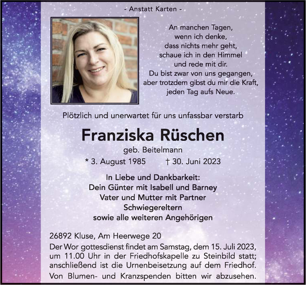  Traueranzeige für Franziska Rüschen vom 13.07.2023 aus Neue Osnabrücker Zeitung GmbH & Co. KG