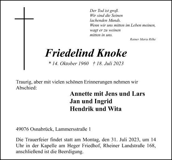 Traueranzeige von Friedelind Knoke von Neue Osnabrücker Zeitung GmbH & Co. KG