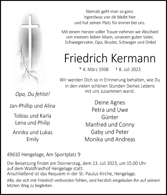 Traueranzeige von Friedrich Kermann von Neue Osnabrücker Zeitung GmbH & Co. KG