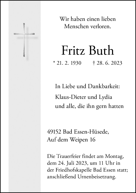 Traueranzeige von Fritz Buth von Neue Osnabrücker Zeitung GmbH & Co. KG