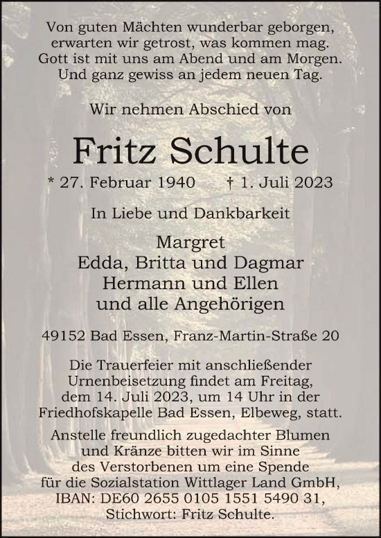 Traueranzeige von Fritz Schulte von Neue Osnabrücker Zeitung GmbH & Co. KG