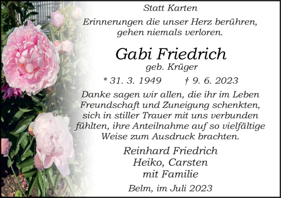 Traueranzeige von Gabi Friedrich von Neue Osnabrücker Zeitung GmbH & Co. KG