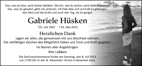 Traueranzeige von Gabriele Hüsken von Neue Osnabrücker Zeitung GmbH & Co. KG